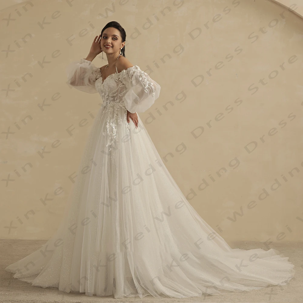 Ivory Women's Elegant Wedding Dresses A-line Princess Lace Applique Detachable Lantern Sleeves Bridal Gowns Vestidos De Noche