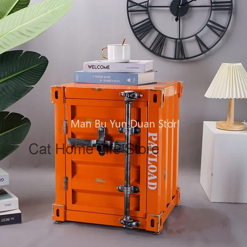 Retro Comfortable Container Iron Bedside Table Lock Storage Drawer Metal Bed Cabinet Nightstand Safe Box Home Bedroom Furniture