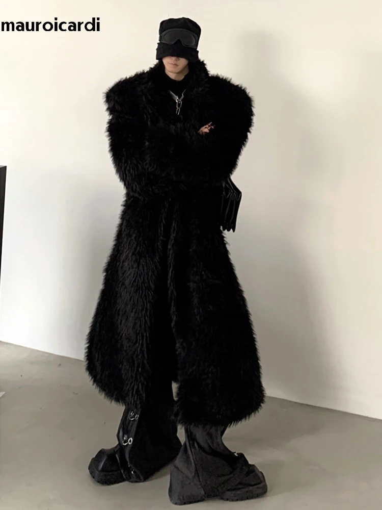 

Mauroicardi Autumn Winter Oversized Long Black Thick Warm Soft Fluffy Faux Fox Fur Coat Men Luxury Designer Furry Overcoat 2024