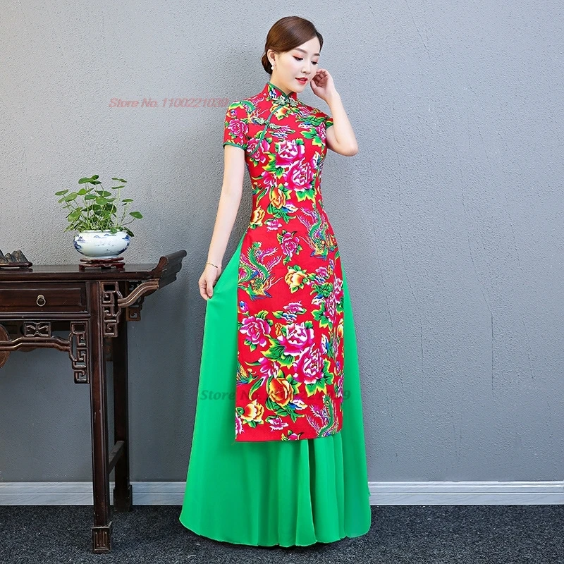 2025 vietnam traditional aodai dress chinese vintage qipao dress national flower print improved cheongsam oriental banquet dress