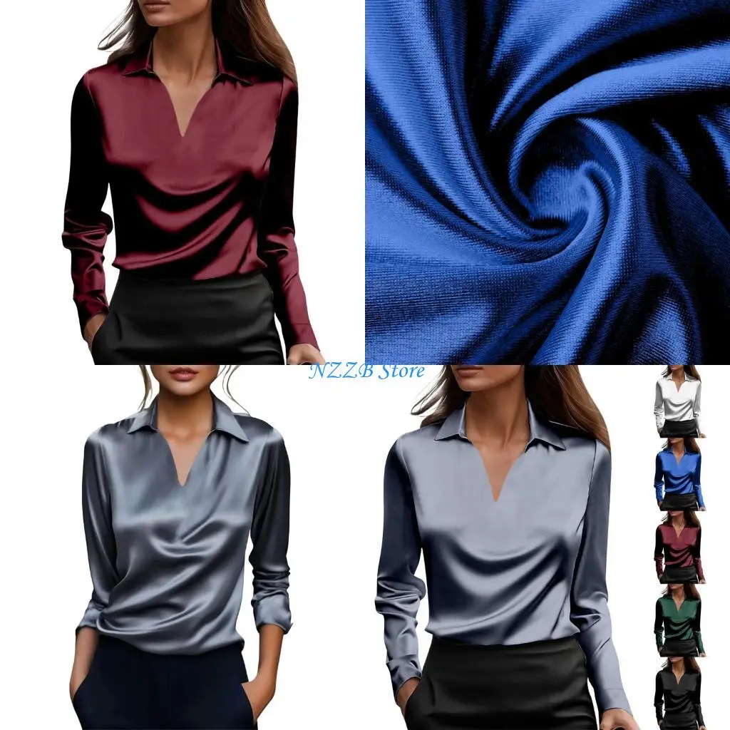 

T21F Soft Fabric Women's Blouse Long Sleeve Ruched Front Drape Neck Color Modern Tops for Beach and Vacation