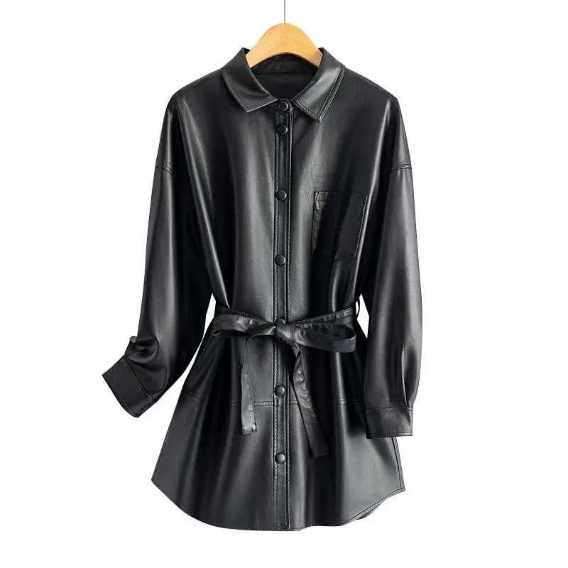 New Women Shirt Style Leather Jacket Spring Autumn Fashion Casual Turn-down Collar Lace-up Slim Leather Coat Split Leather