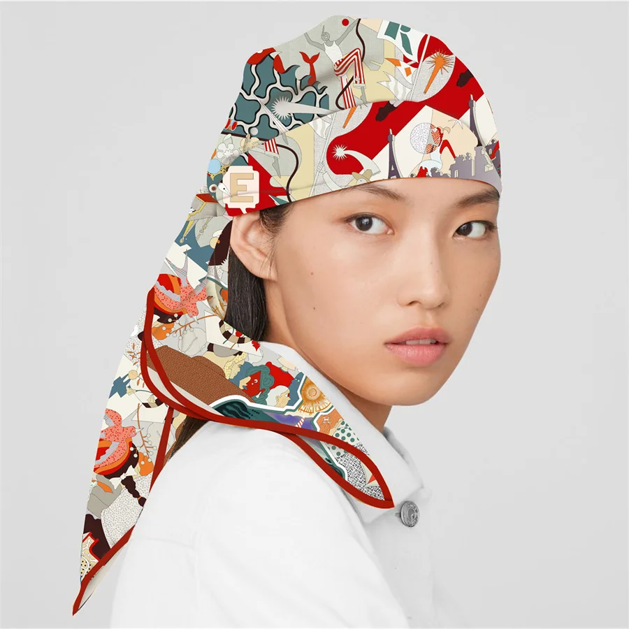 Silk Scarf Women Circus Troup Print Square Scarves Head Echarpes Silk Foulards Femme Wraps Beach Shawl Bandana Lady Hijabs 90CM