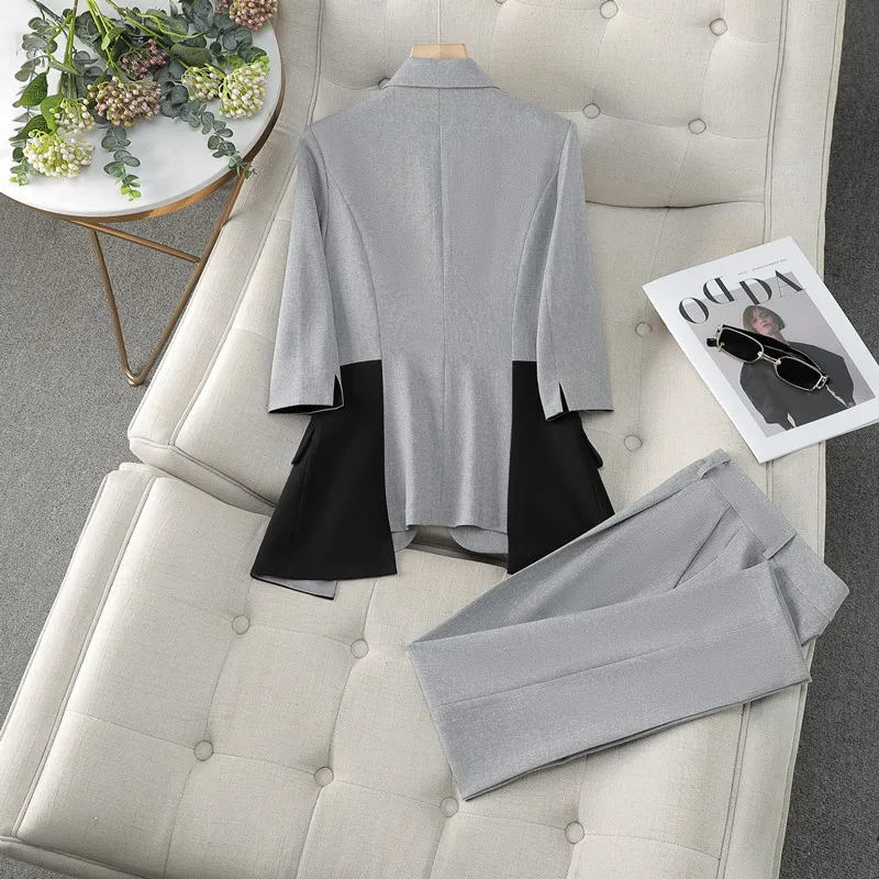 NAVIU Black Gray Patchwork 2 Piece Set Women Suits Coat Wedding Tuxedos Jacket Pants Clothing Lady Party Formal Blazer Trousers