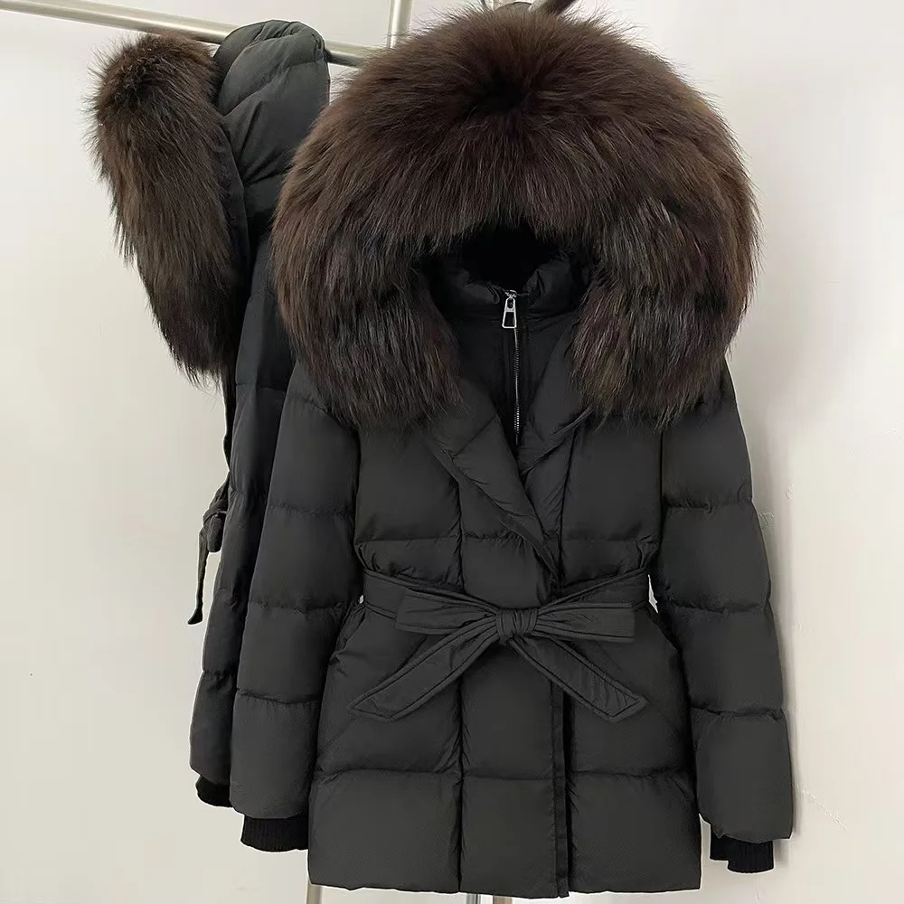 Women's Natural Fox Fur Collar Hooded Down Jacket, Versatile Drawstring-Waist Warm Outerwear Jacket, 2026, New Arrival, Y2K, Top