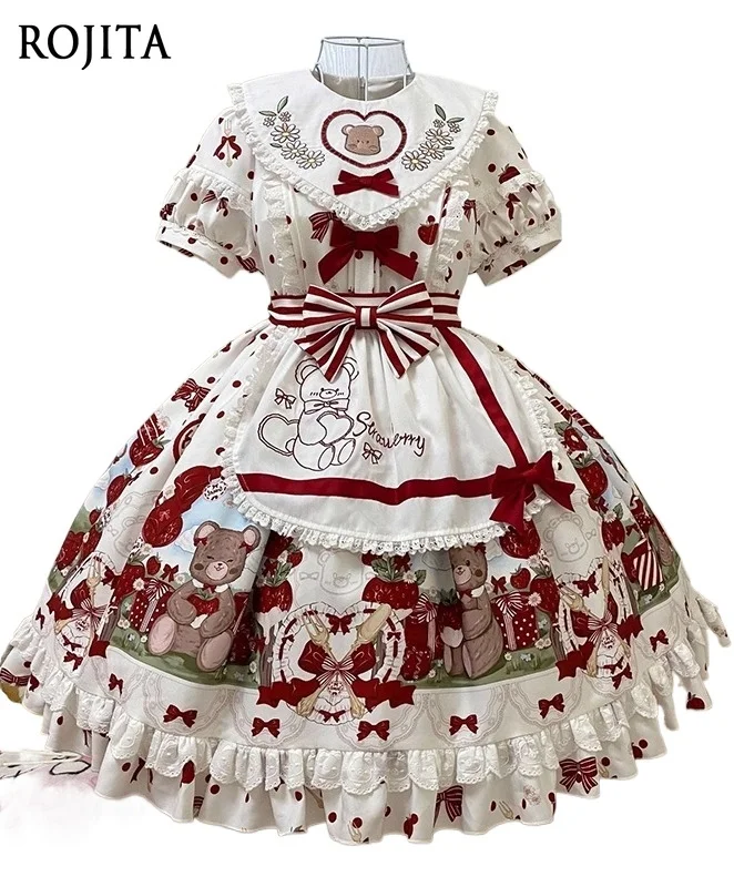 Delantal de vestido de una pieza de longitud media, diseño Original japonés, dibujo de fresa, oso, Lolita, diario, dulce niña, dulce burbuja, manga corta