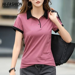 HI-FASHION 여성용 턴다운 칼라 반팔 티셔츠, 2022 슬림 캐주얼 오피스 여성 상의, 심플한 한국 스타일, 여름