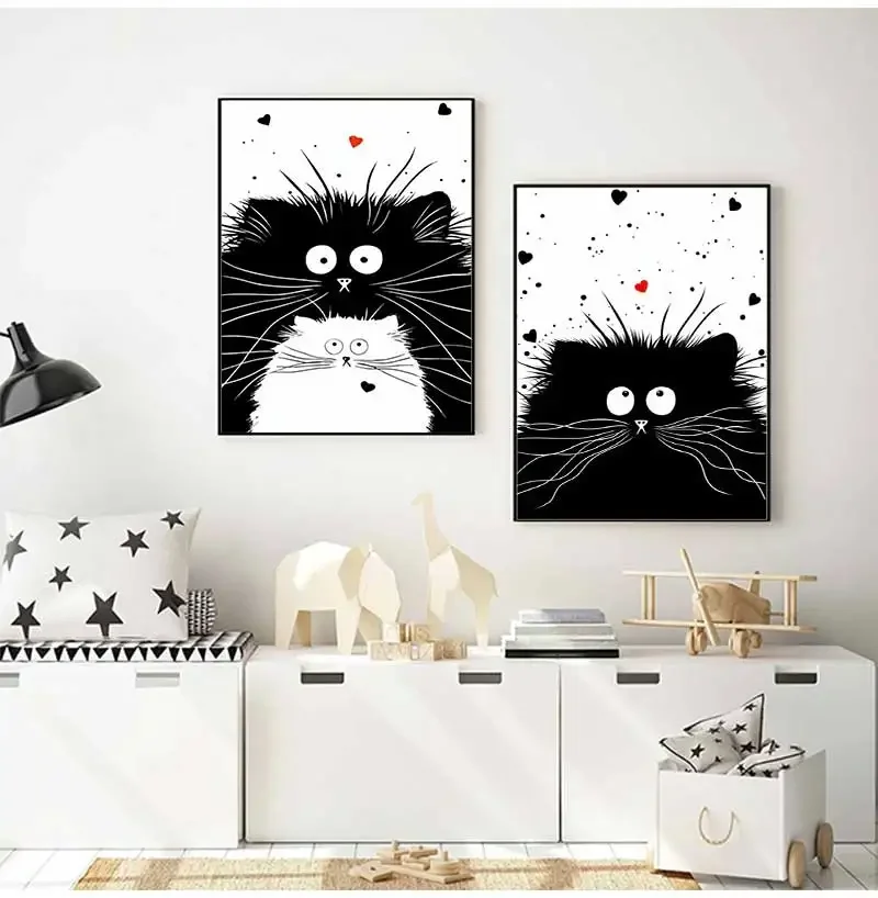 Cute Black and White Cat Cartoon Animals Minimalist Wall Art Print Canvas Painting Posters for Living Room Modern Home Decor