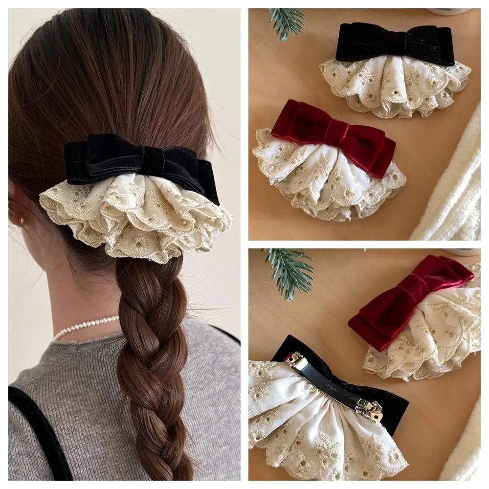 

Elegant Cloth Red Velvet Bow Hair Clip Wine Red Hair Clips Bowknot Spring Clip Korean Style Vintage Style Lace Bow Hairpin Girls