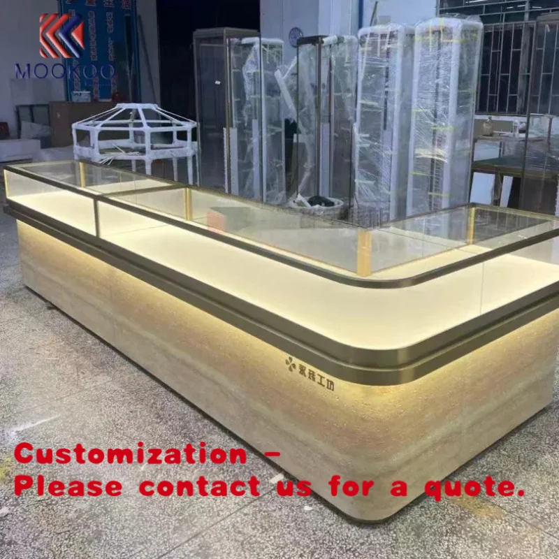 custom.Luxury Curved Tempered Glass Jewelry Display with Marble Base & LED Lighting High-End Retail Store Showcase