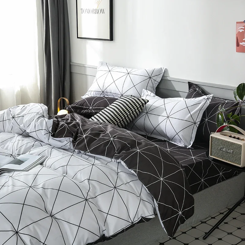 White Geometric Grid Print Queen King Size Duvet Cover Set Twin Full Fashion Stripes Bedding Set 3Pcs Soft Polyester Quilt Cover