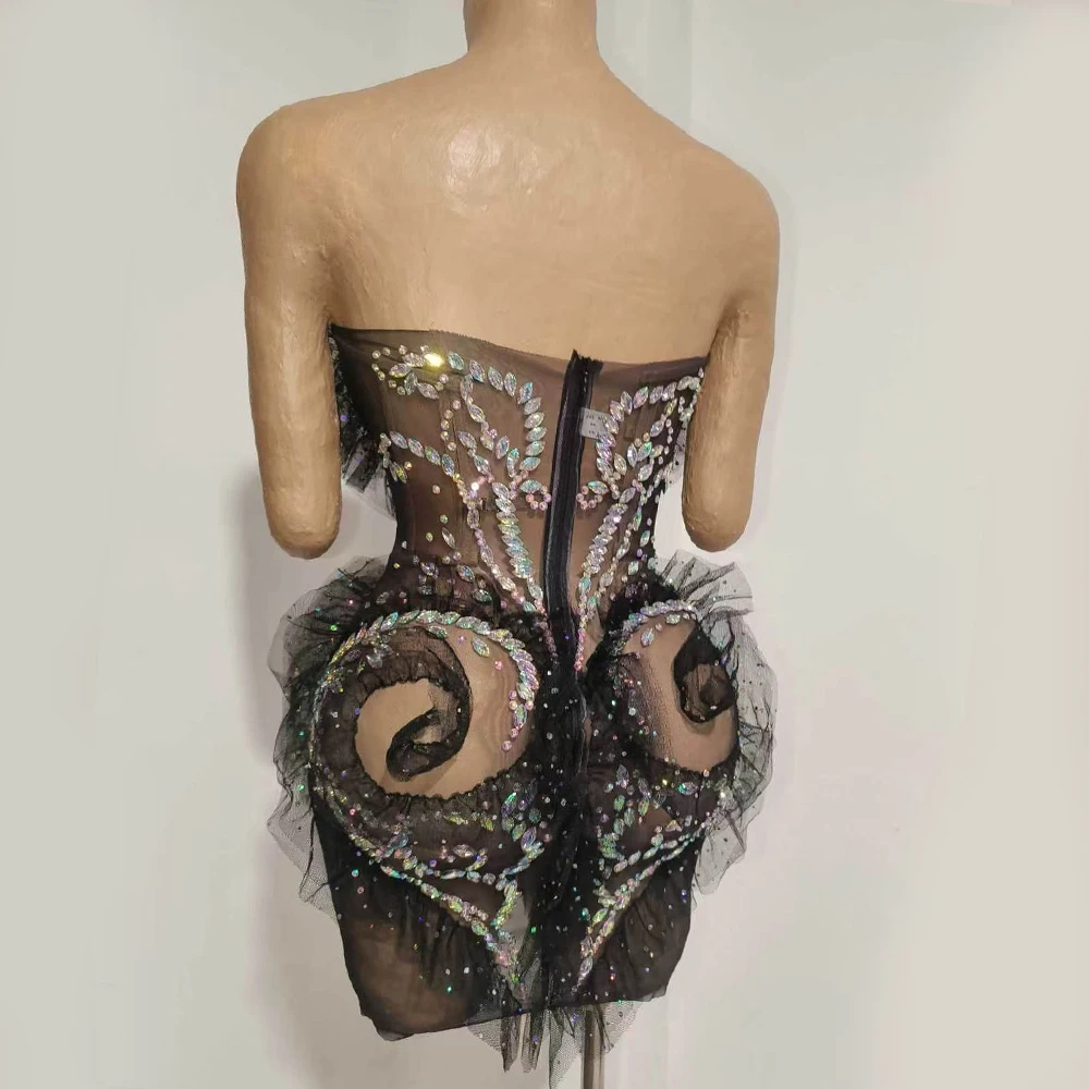 Strapless Black Sheer Mesh Corset Mini Dress AB crystal Tulle Ruffle Nightclub Singer dance Drag Queen Stage Performance Costume - view 5
