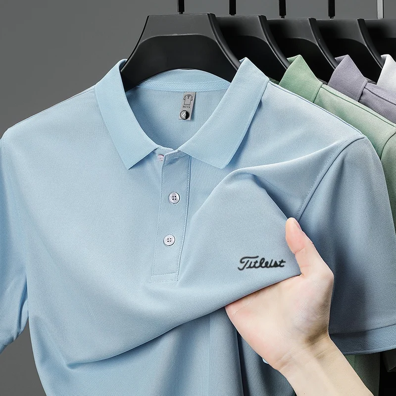 Business Casual Herren Neues Kurzarm-Poloshirt mit Kragen und Knöpfen, Einfarbig mit Schriftzug, Bequemes Atmungsaktives Herren-T-Shirt – Detail 16