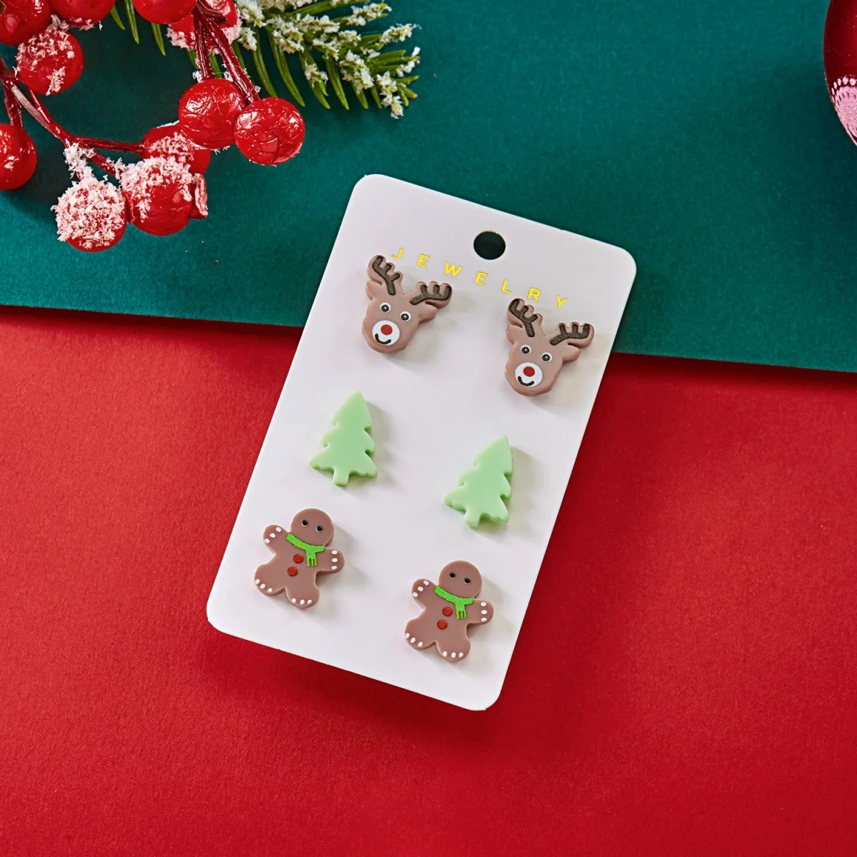6 Paar/Set Kleine Niedliche Acryl-Weihnachtsbaum-Hirsch-Lebkuchen-Ohrstecker für Frauen Cartoon-Harz-Weihnachtsmütze-Elch-Ohrringe Schmuck – Detail 32