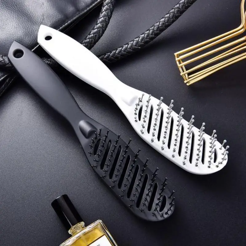 New 1Pcs Nylon Bristles Vented Design Detangling Brush Travel Professional Meniscus Hair Comb Black Curved Vent Brush Daily Use
