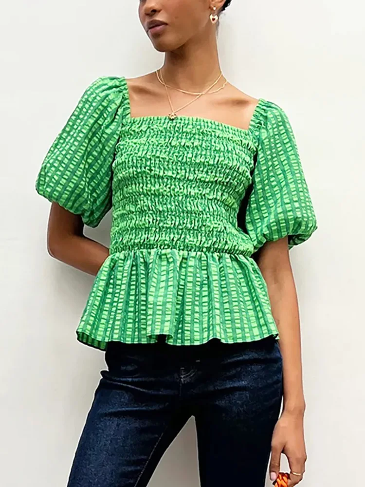 

Blouses For Women 2022 Gingham Check Casual Smocked Blouse Top Peplum Elegant Square Neck Short Puff Sleeve Blouse Summer Tops