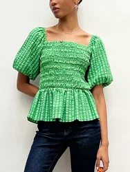 Blouses For Women 2022 Gingham Check Casual Smocked Blouse Top Peplum Elegant Square Neck Short Puff Sleeve Blouse Summer Tops