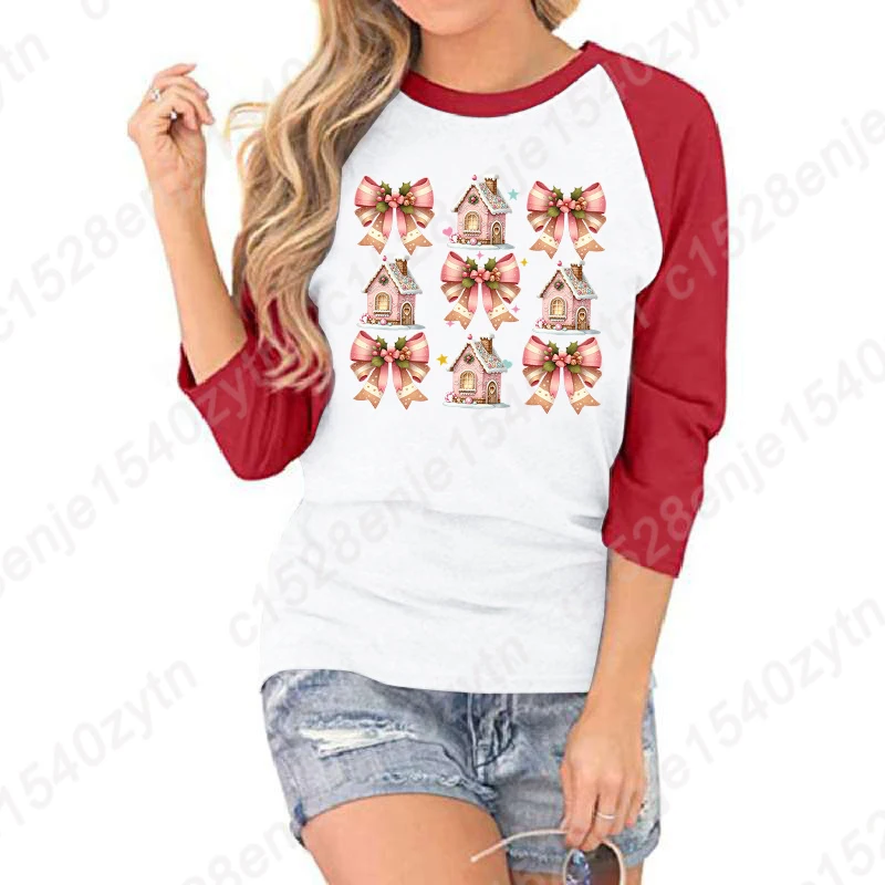 Christmas Bow Gingerbread House Print Three Quarter Sleeve Shirt For Women Summer Seven Sleeves Round Neck Casual Loose T-shirts