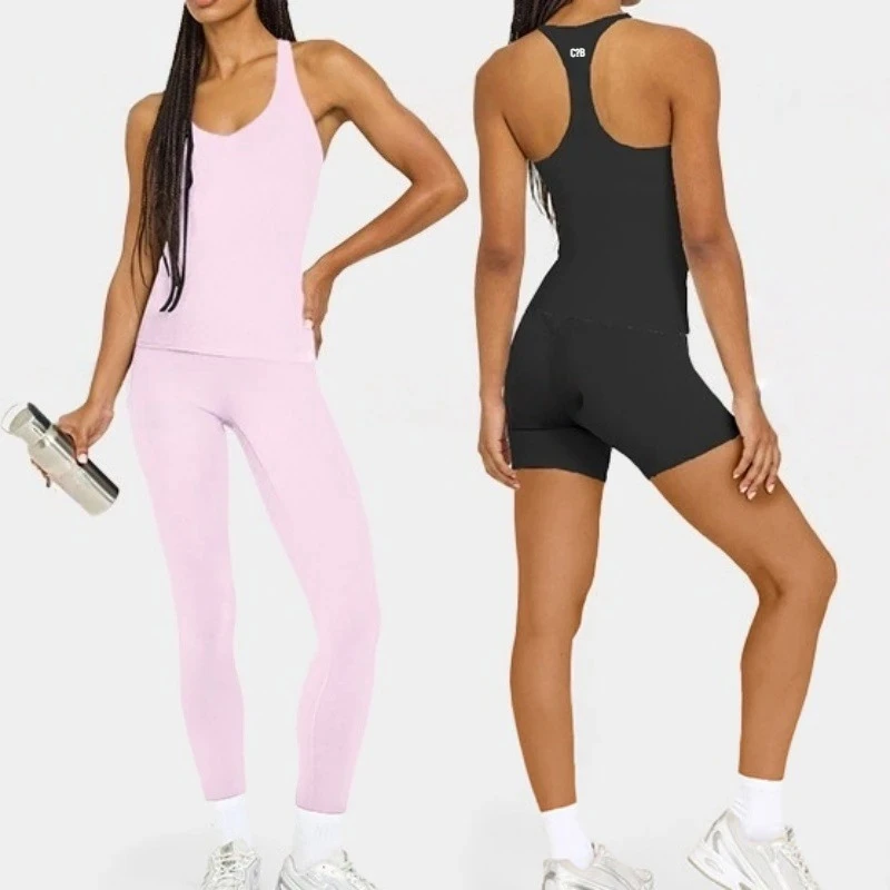 C-B Women Yoga Clothes Racerback Tank Top High Waist Leggings & 8 Inch Biker Shorts Workout Gym Fitness Sportswear Separates