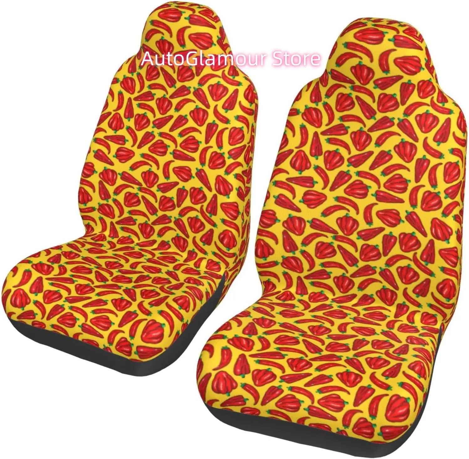 Red Chili Hot Peppers Yellow Background 2-Piece   Seat Cover Complete Set - Elastic Seat Protection Cover for Cars,