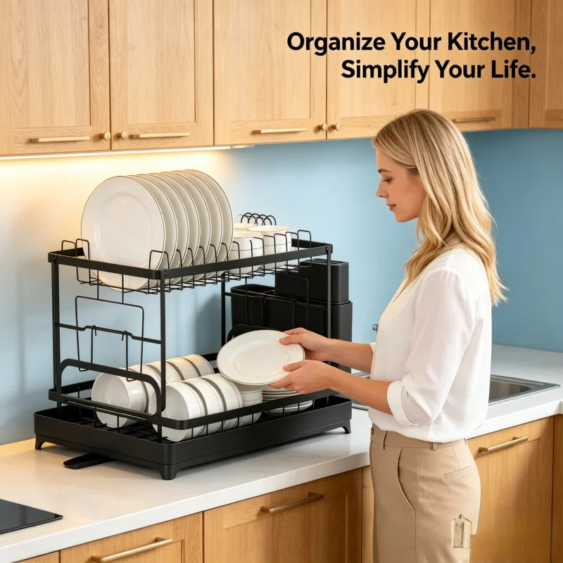 

2-Tier Kitchen Dish Drying Rack, Tableware Drain Storage Holder for Bowl, Cup, Chopsticks, Knife and Fork