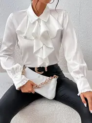 Autumn Ladies Elegant Blouses Fashion Ruffled Layered Decorative Shirts Women's Office Solid Color Lapel Button Long Sleeve Tops