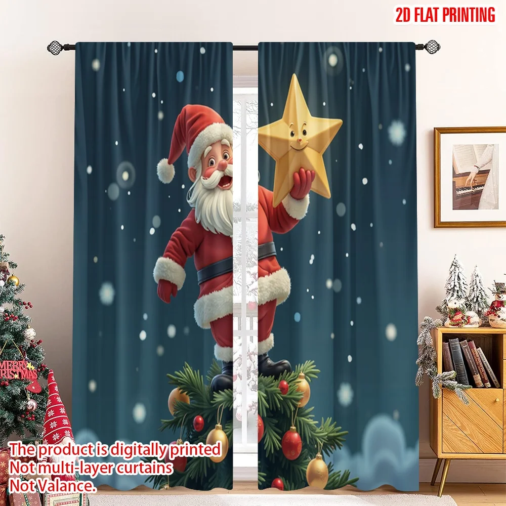 

2pcs 2D flat printing Christmas Curtains Santa Star Christmas Tree Ornaments Polyester Without Electricity Family Party Perfect