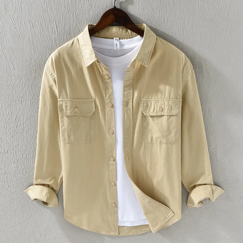 

Casual Pure Cotton Long Sve Men's irt Double ket Workwear Spring Outerwear Loose Fit Versatile Spring irt