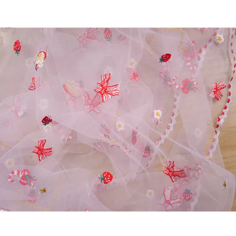 Strawberry Birthday Cake Letter Bow Embroidery Fabric Mesh Handmade DIY Lace Fabric