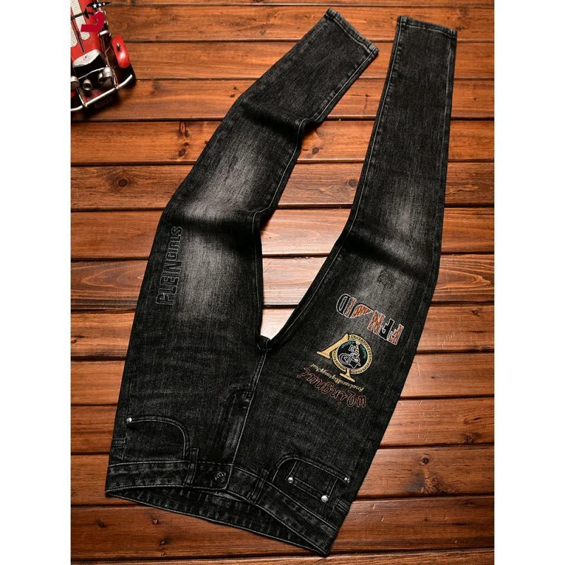 Letter embroidery slim fit small leg pants elastic trend versatile casual pants high-end quality fashionable black jeans MEN'S