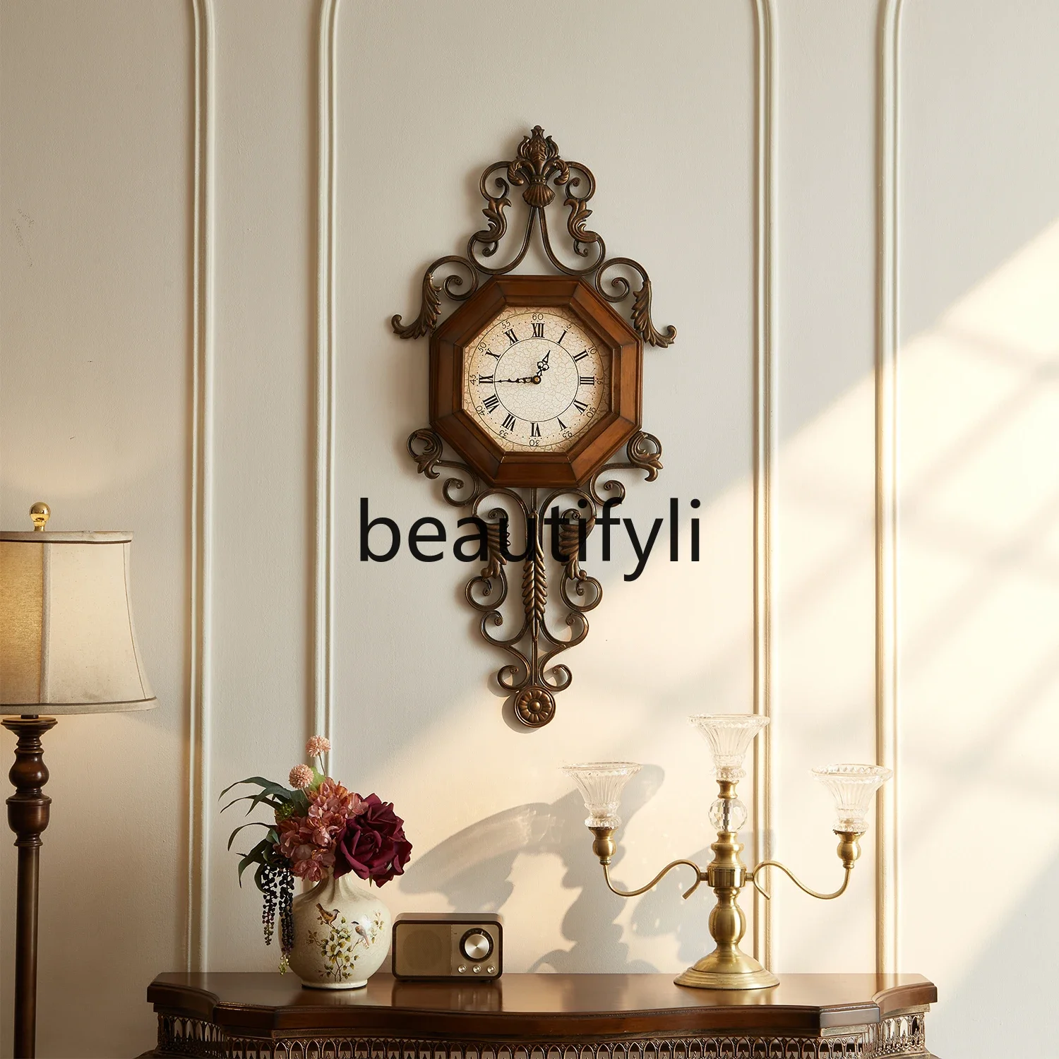 

xzzSolid wood retro American wall clock creative clock wrought iron silent living room European personality fashion home decorat
