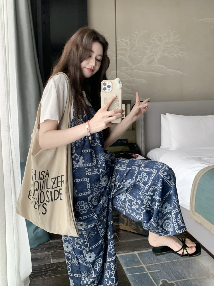 

Милые крутые брюки-комбинезоны, женские летние корейские праздничные пляжные брюки с цветочным принтом и высокой талией, широкие брюки