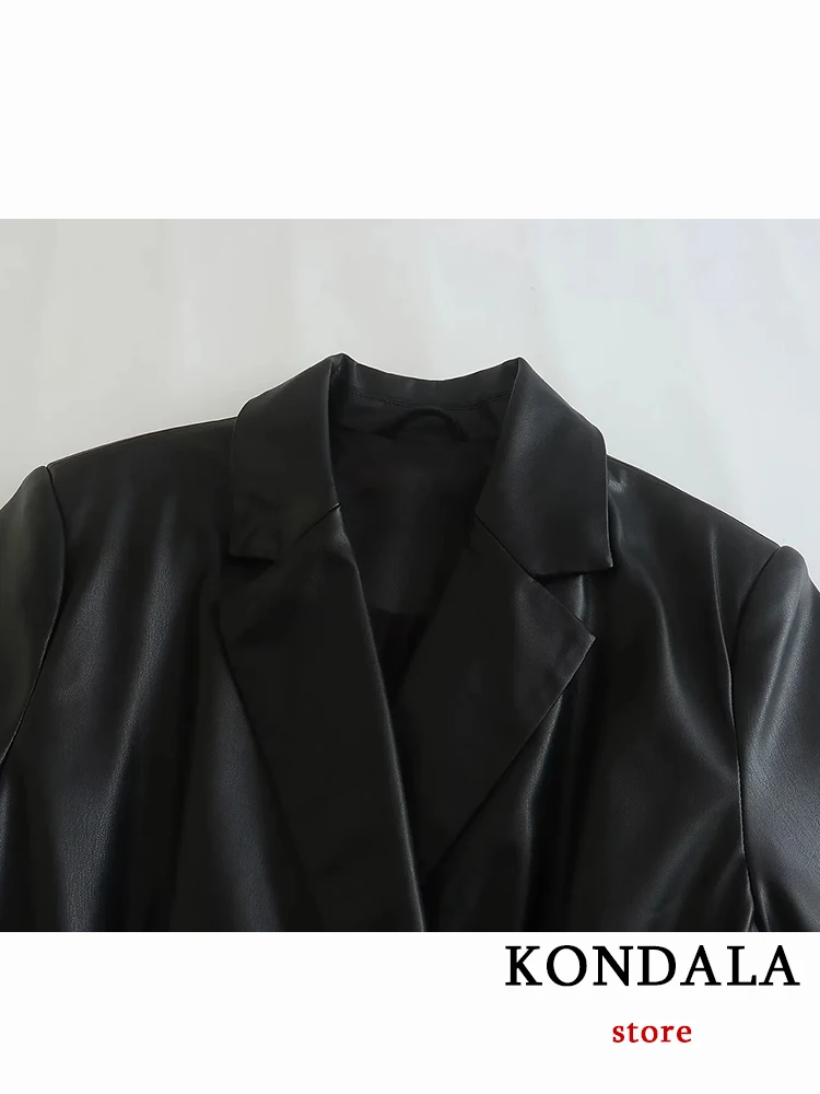 KONDALA Chic Solid Black PU Hollow Out Women Blazer Fashion 2023 Vintage Long Sleebe High Street Sexy Spring Y2K Female Outwear