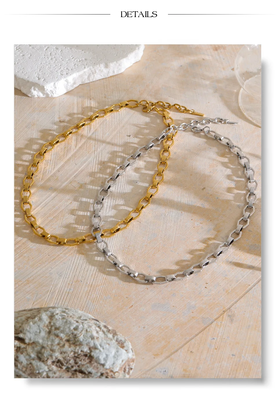 Yhpup Edelstahlkette, modische Halskette für Damen, 18K Goldfarbe, PVD-beschichtet, strukturiertes Metall, Statement-Schmuck – Detail 8