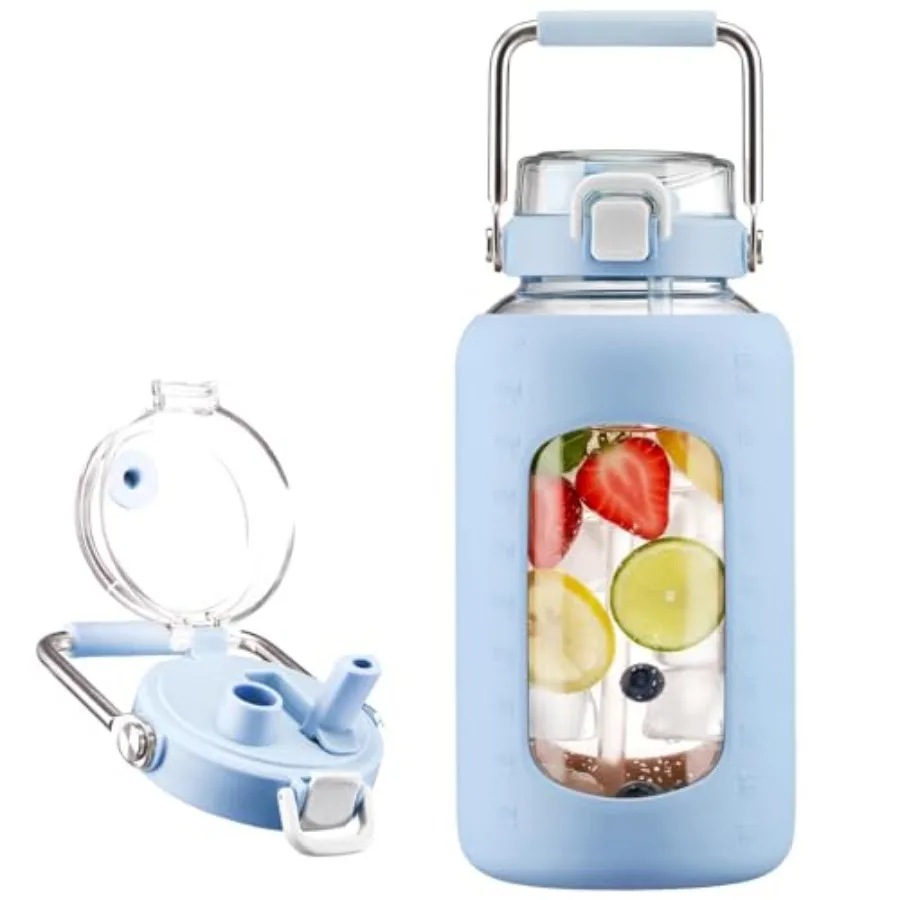 

Стеклянные бутылки для воды объемом 84 унции (2,5 л) с прочной ручкой из нержавеющей стали, большой объем, с крышкой для питья с трубочкой и для прямого питья, силиконовый чехол.