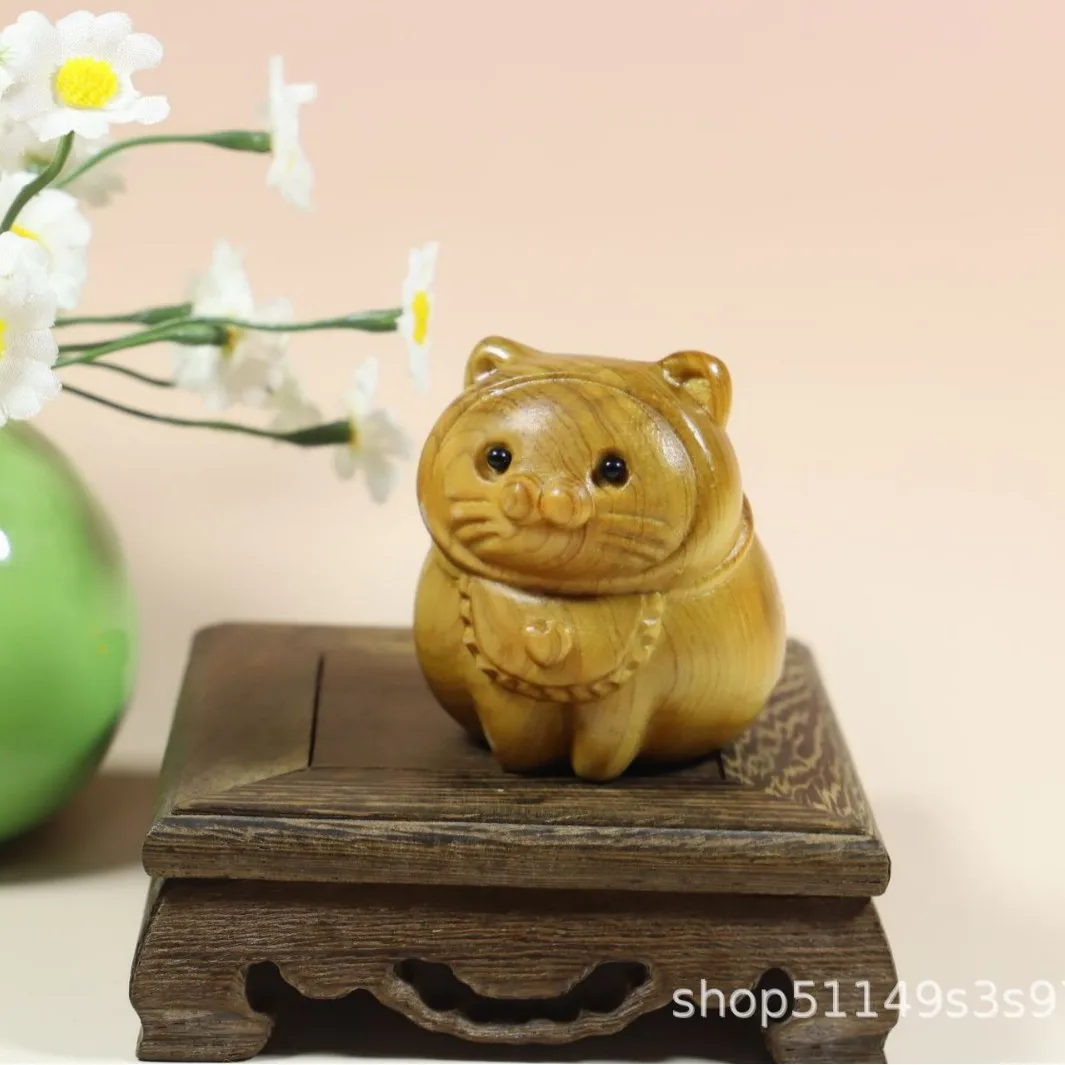 Cypress Wood Handmade Fat Cat Figurine Cute Lucky Cat Animal Ornament Healing Decor Gift For Kids And Home Decoration
