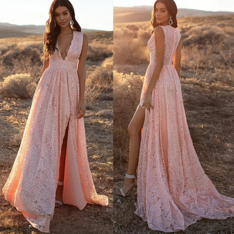 

Customized Print Sleeveless Long Prom Dress Lace Boho V Neck Loose A Line Evening Gowns Elegant Party Dress Robe Femme