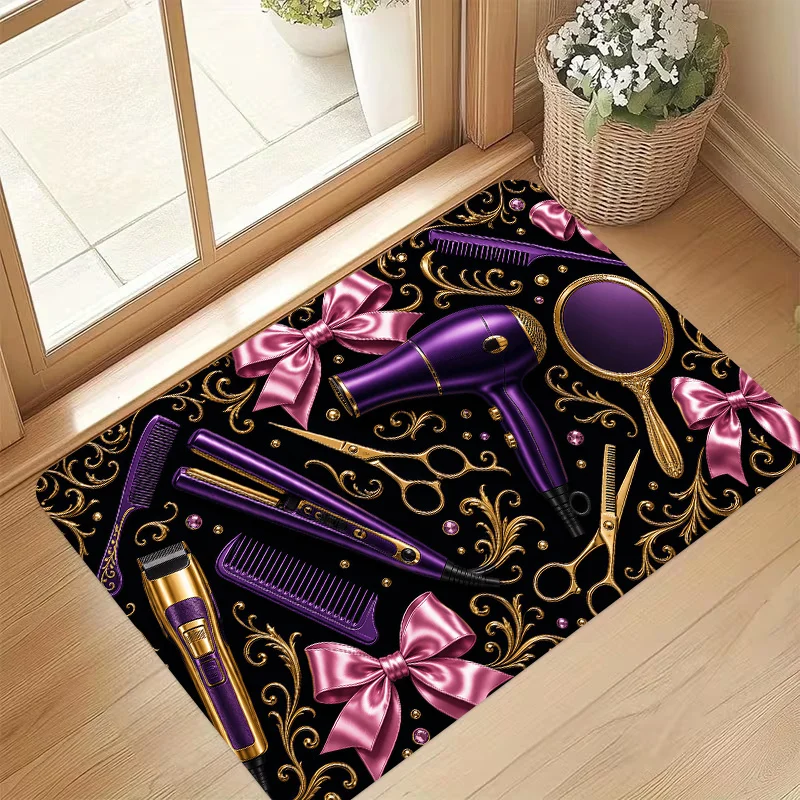 Luxury Purple Hair Salon Tools Bow Ribbon Pattern Non Slip Doormat Barber Shop Entrance Floor Rug