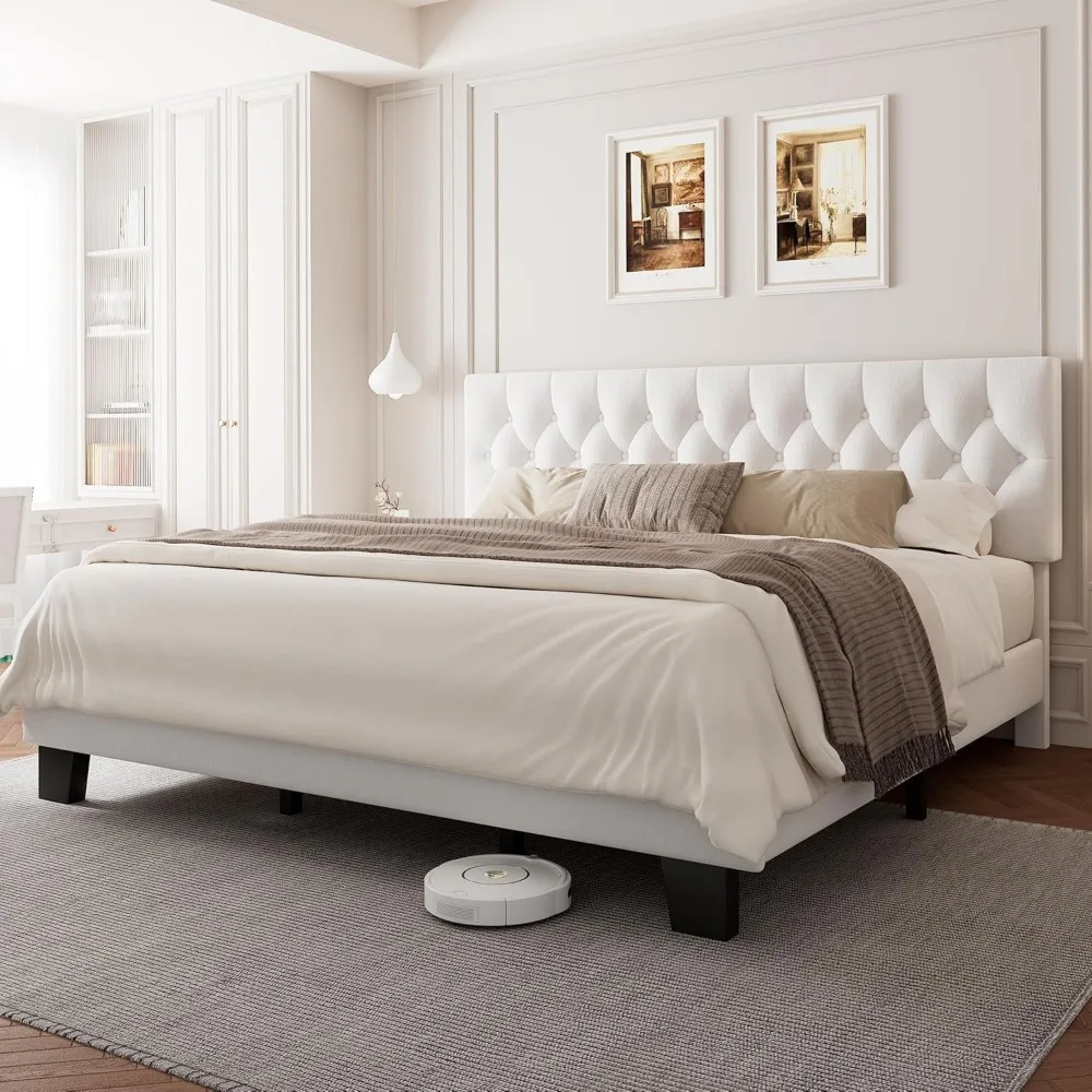 king upholstered bed frame with headboard, button tufted linen bed base, platform bed with wood slat, heavy duty, easy assembly,