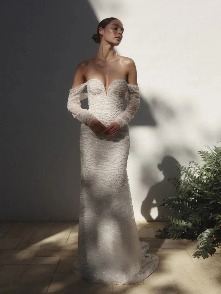

Handmade Beaded High-end Custom-made Wedding Dress Luxury Bridal Gowns Sweetheart Drop-shoulder Long Sleeves Pearle Bride Dresse