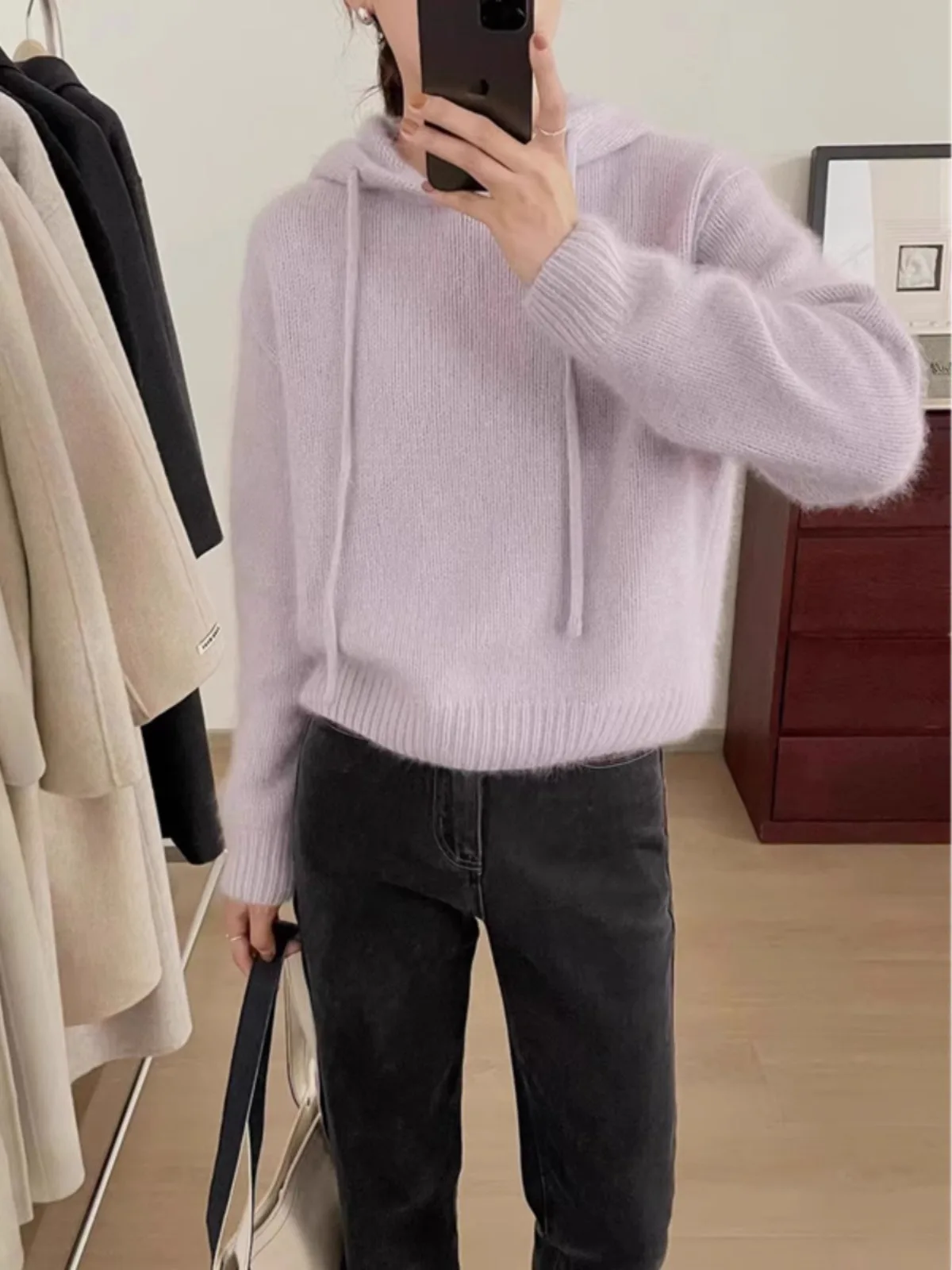 Fashion all loose short hooded cashmere knitwear women\'s autumn and winter thick woolen hoodie pure woolen sweater hoodie