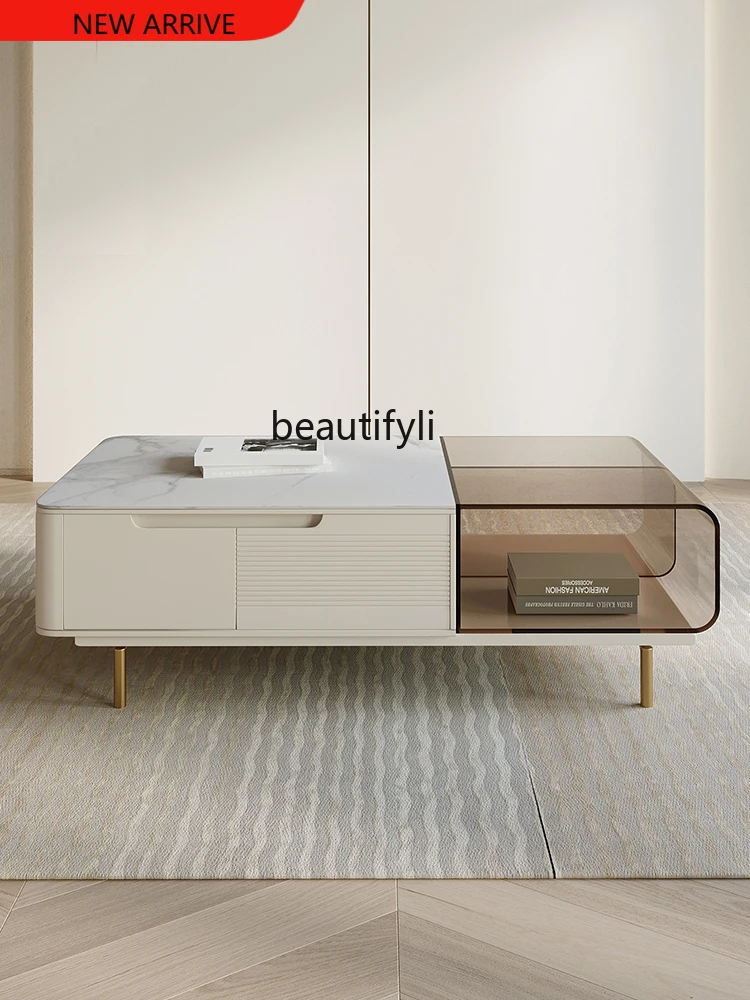 

X Stone Plate Coffee Table Modern Small Apartment Living Room Home Square Transparent Acrylic Storage Tea Table