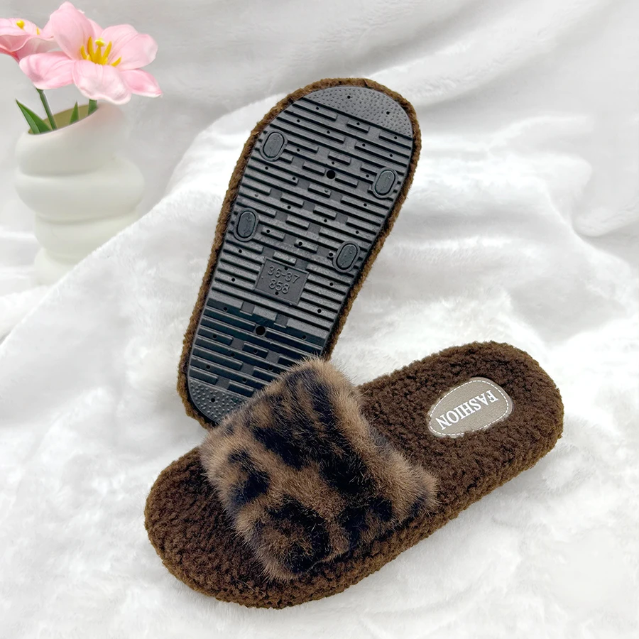 AYANA Leopard Print Slippers With Fur Plush House Slippers Flat Sandals For Women Fuzzy Open Toe Slippers Anti Skip