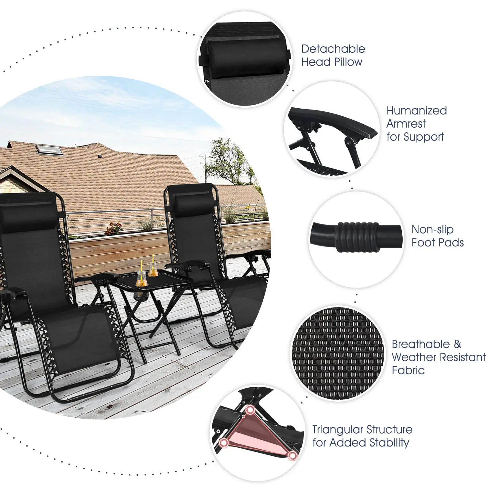 Zero Gravity stoelset 3-delige loungestoel voor buiten, fauteuils met bijzettafel, hoofdsteun en bekerhouders voor terras, tuin, zwembad, strand