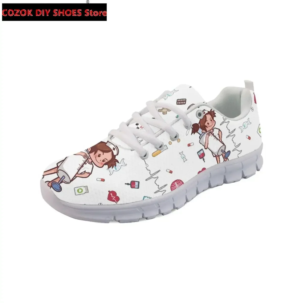 Women Lace Up Nurse Shoes Syringe Medical Heartbeat Pattern Female Casual Mesh Flats Sneaker Girls Zapatillas Mujer