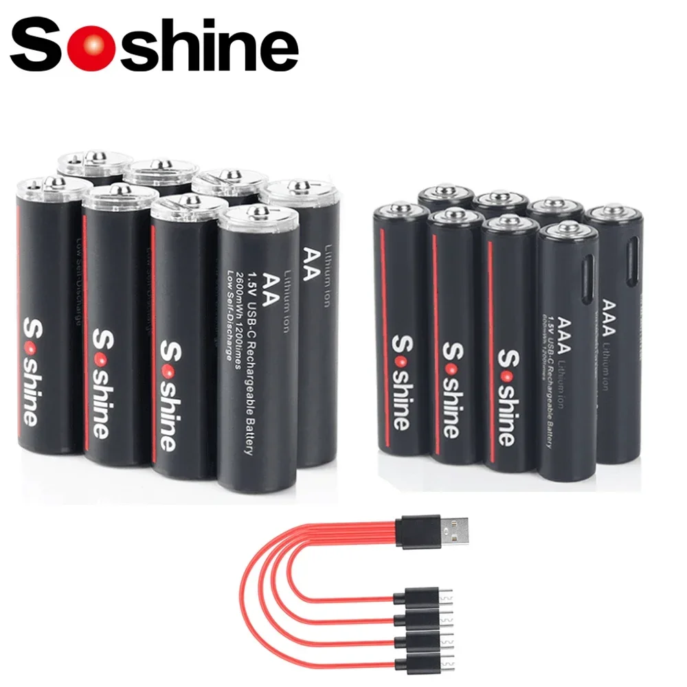 

Soshine Original AAA and AA Lithium Rechargeable Batteries USB 1.5V Li-ion 2600mWh Rechargeable Batteries+600mWh1.5V AAA Battery