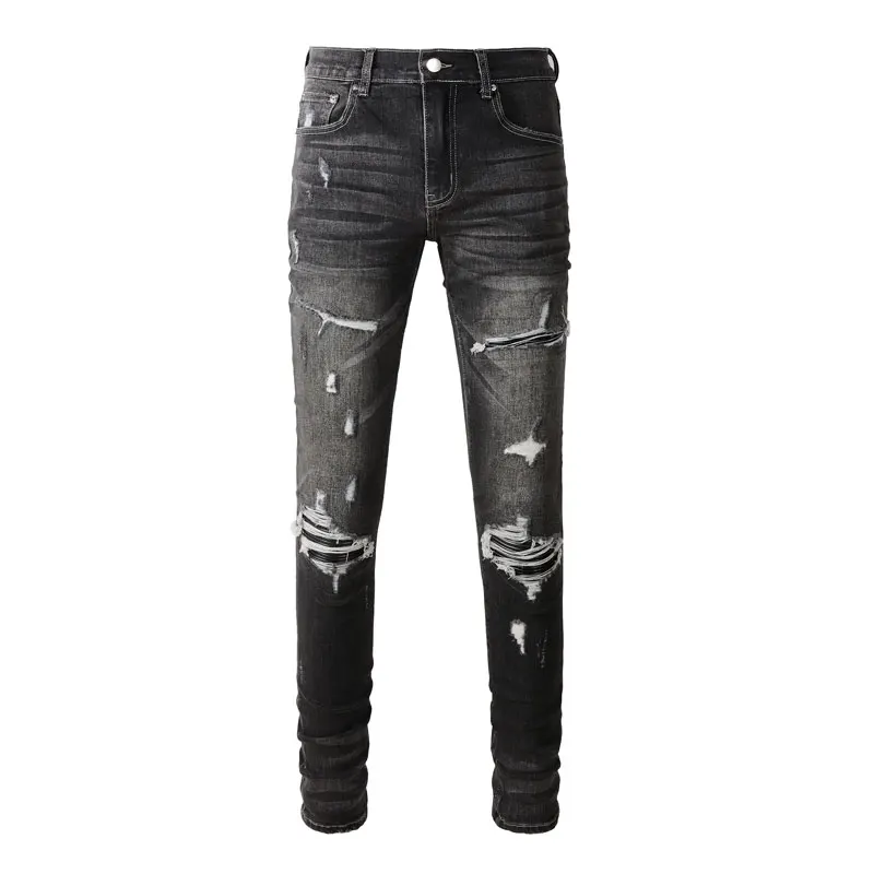 

Fashion new men's jeans stretch slim fit patchwork patch black jeans high street hip-hop brand pants hombre