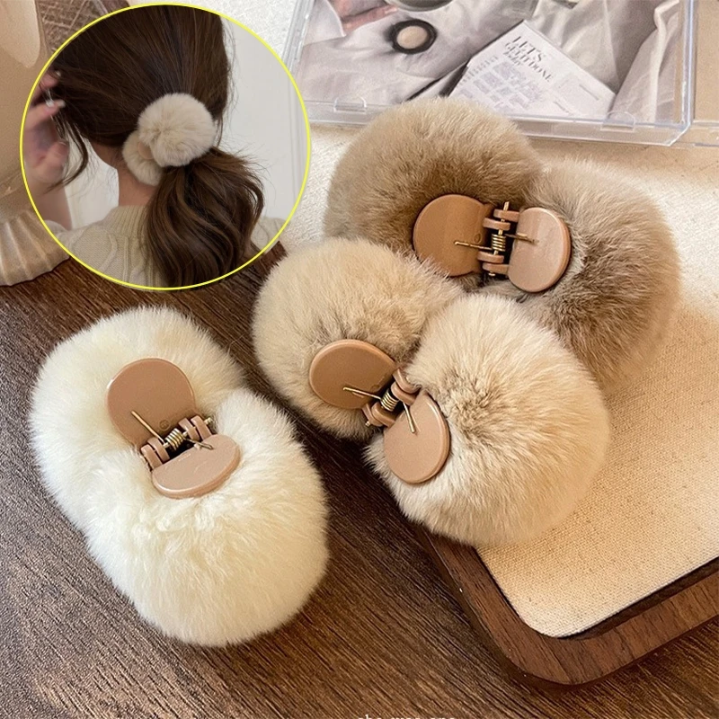 Korean Faux Rabbit Fur Fluffy Ball Hair Claws Hairpin Autumn Winter Cute Plush Hair Clip for Women Girls Hair Accessories