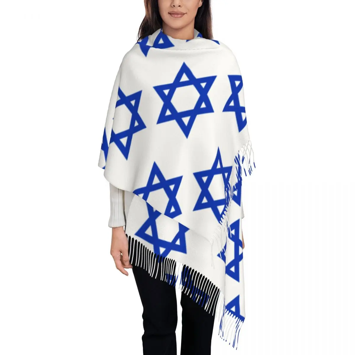 

Custom Star Of David Israel Flag Scarf Wrap for Women Long Winter Fall Warm Tassel Shawl Unisex Israeli Pride Scarves
