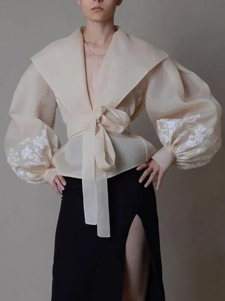 

Французская шикарная блузка из органзы, женская весна-лето, прозрачная рубашка с большими лацканами и рукавами-фонариками с завязками на талии, элегантные топы Blusas